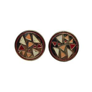 Vintage Gold Tone Cufflinks With Geometric Pink Cream Enamel Design